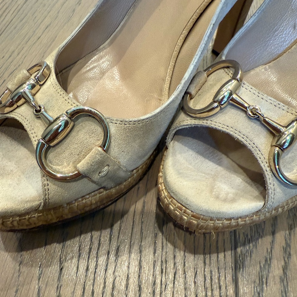 Vintage Gucci Nubuck Suede Horsebit Open Toe Heels